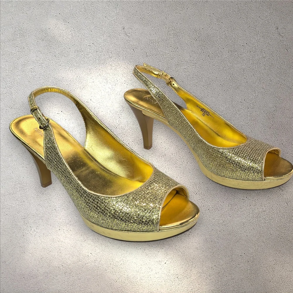 Nine West Gold‎ Metallic Glitter Slingback Heels Size 10